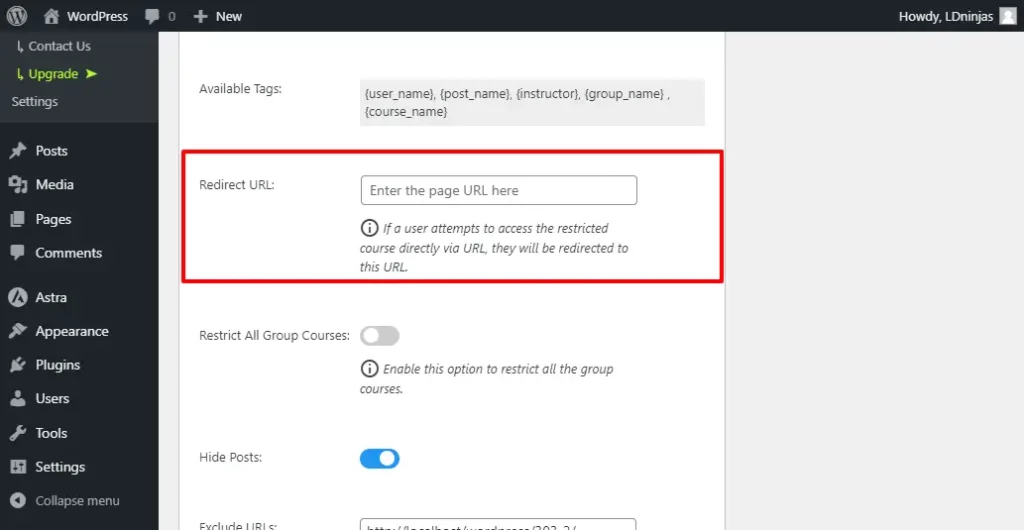 General Setting Redirect URL Frontend Group Restriction for LearnDash
