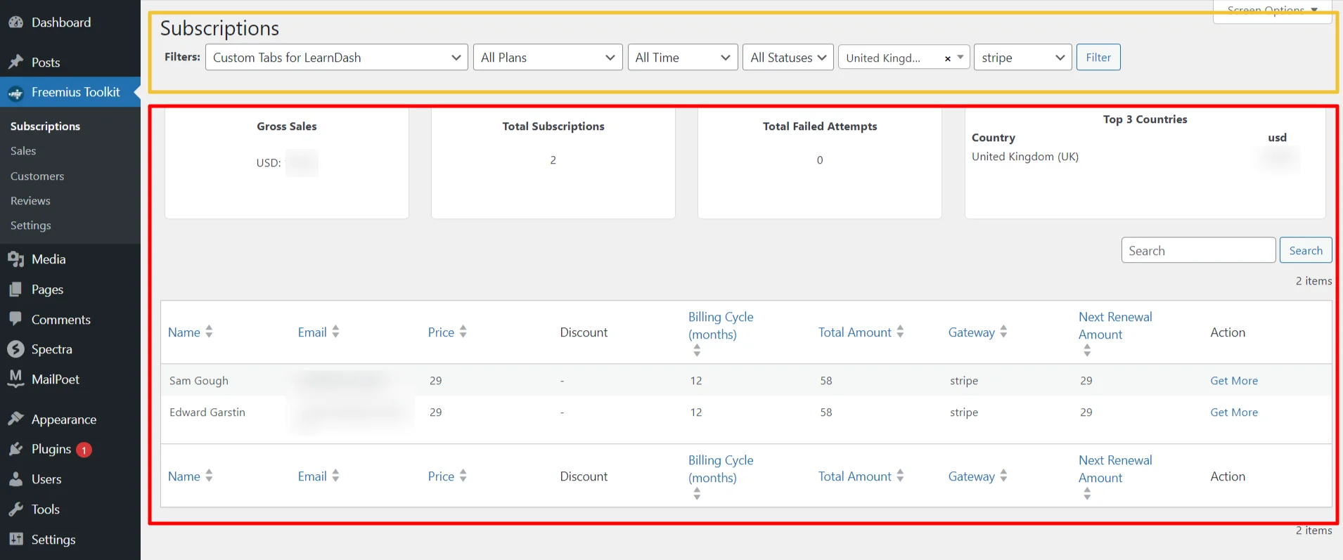 Subscription filter data